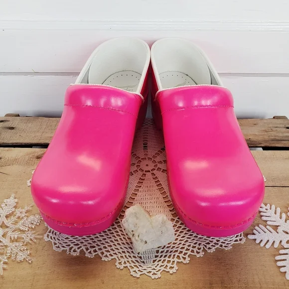 Neon Bunny Pink Dansko Pro Clogs Leather Bright Boho Cottage Spirited Festive 38 - Picture 4 of 12